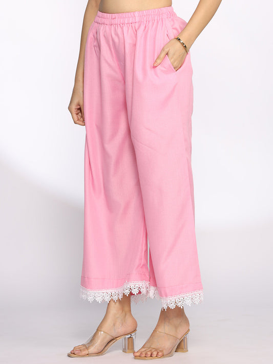 BabyPink CottonSlub Laced Palazzo