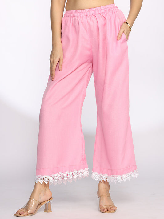 BabyPink CottonSlub Laced Palazzo