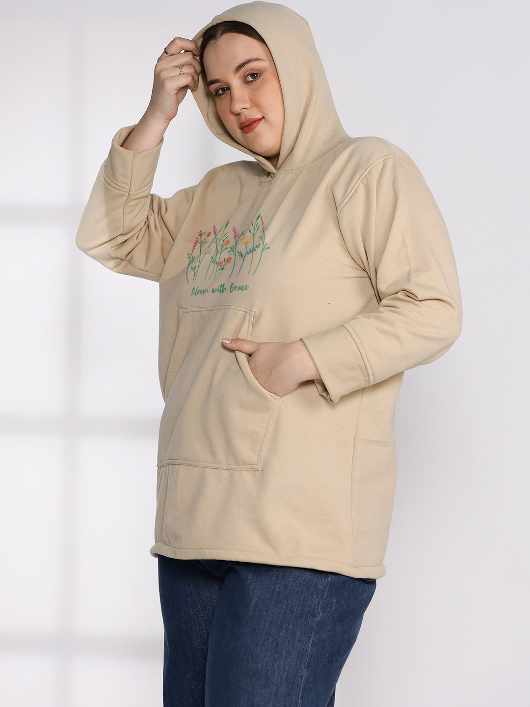 Beige Fleece Hoodie - PinkBlossom