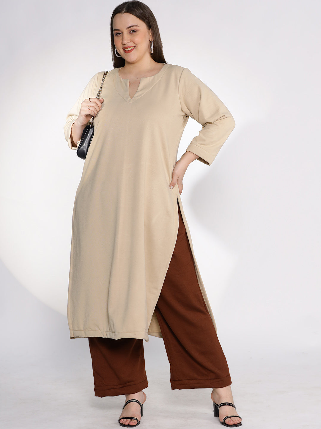 Beige Fleece LongKurta - Solid