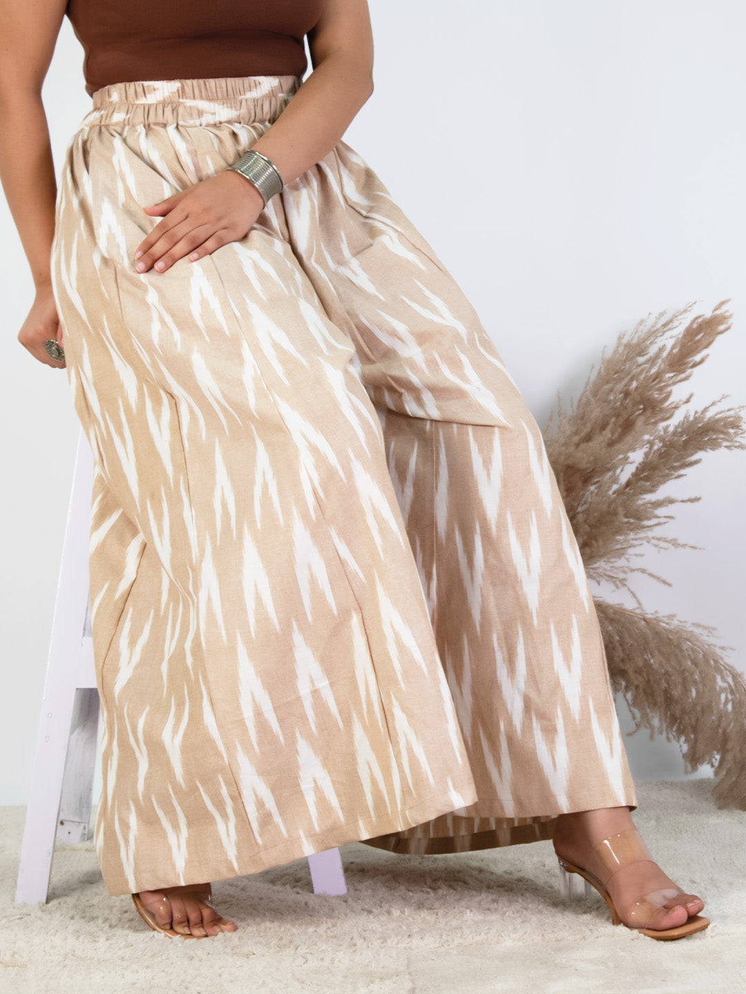 Beige Ikat Flared Palazzo