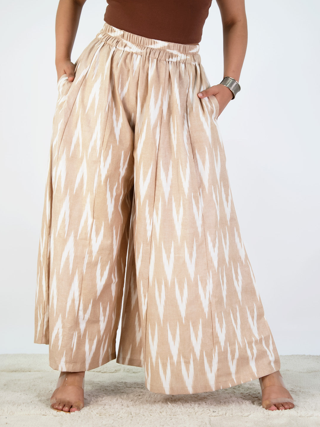 Beige Ikat Flared Palazzo