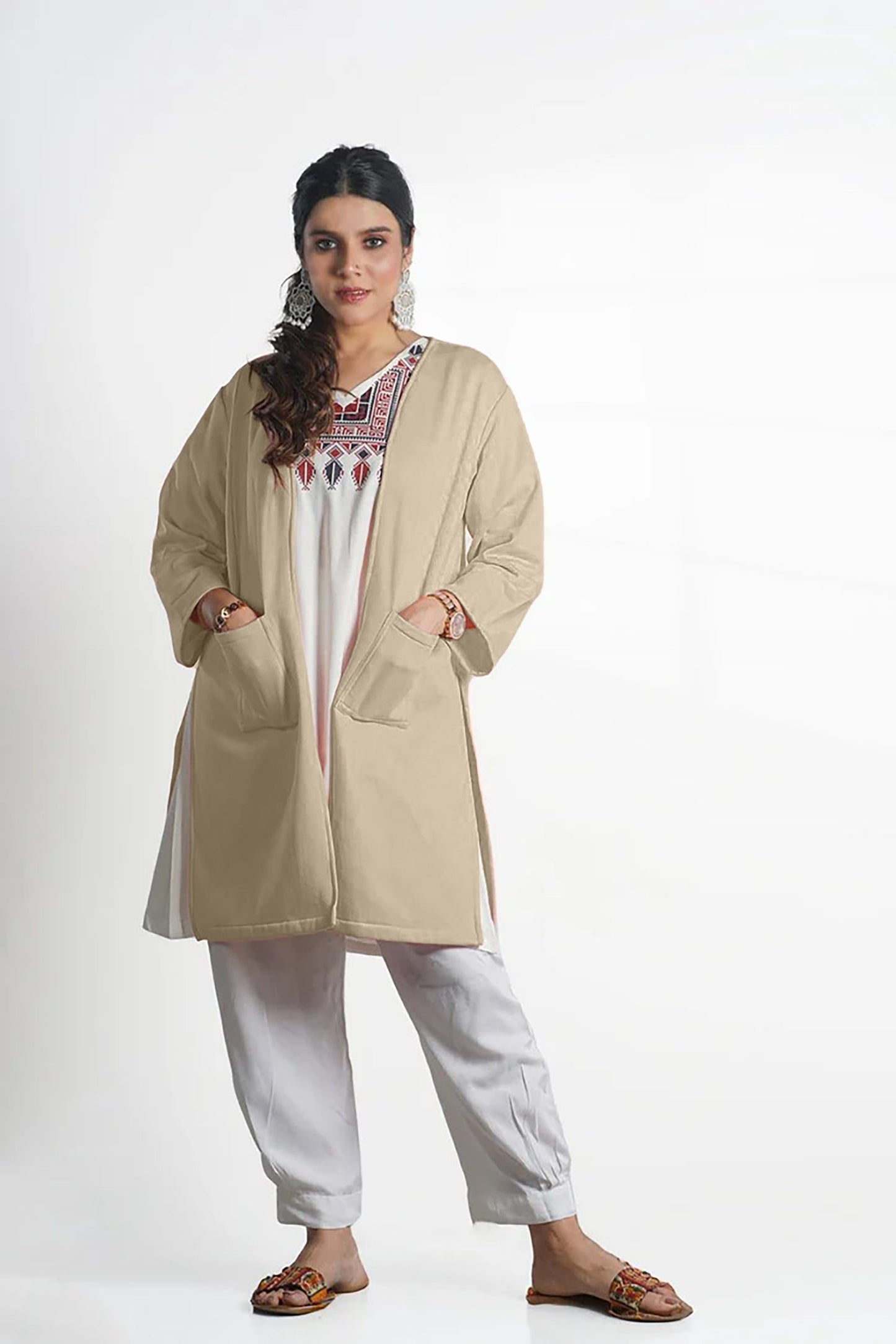 Beige Longline Shrug - Solid