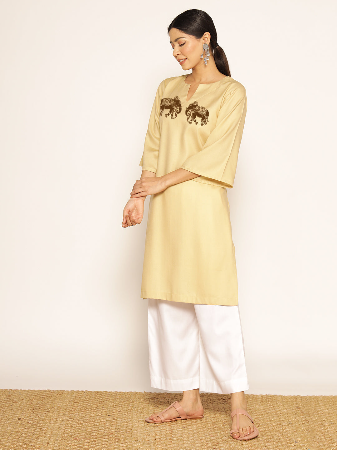 Beige Rayon LongKurta - Uddalaka