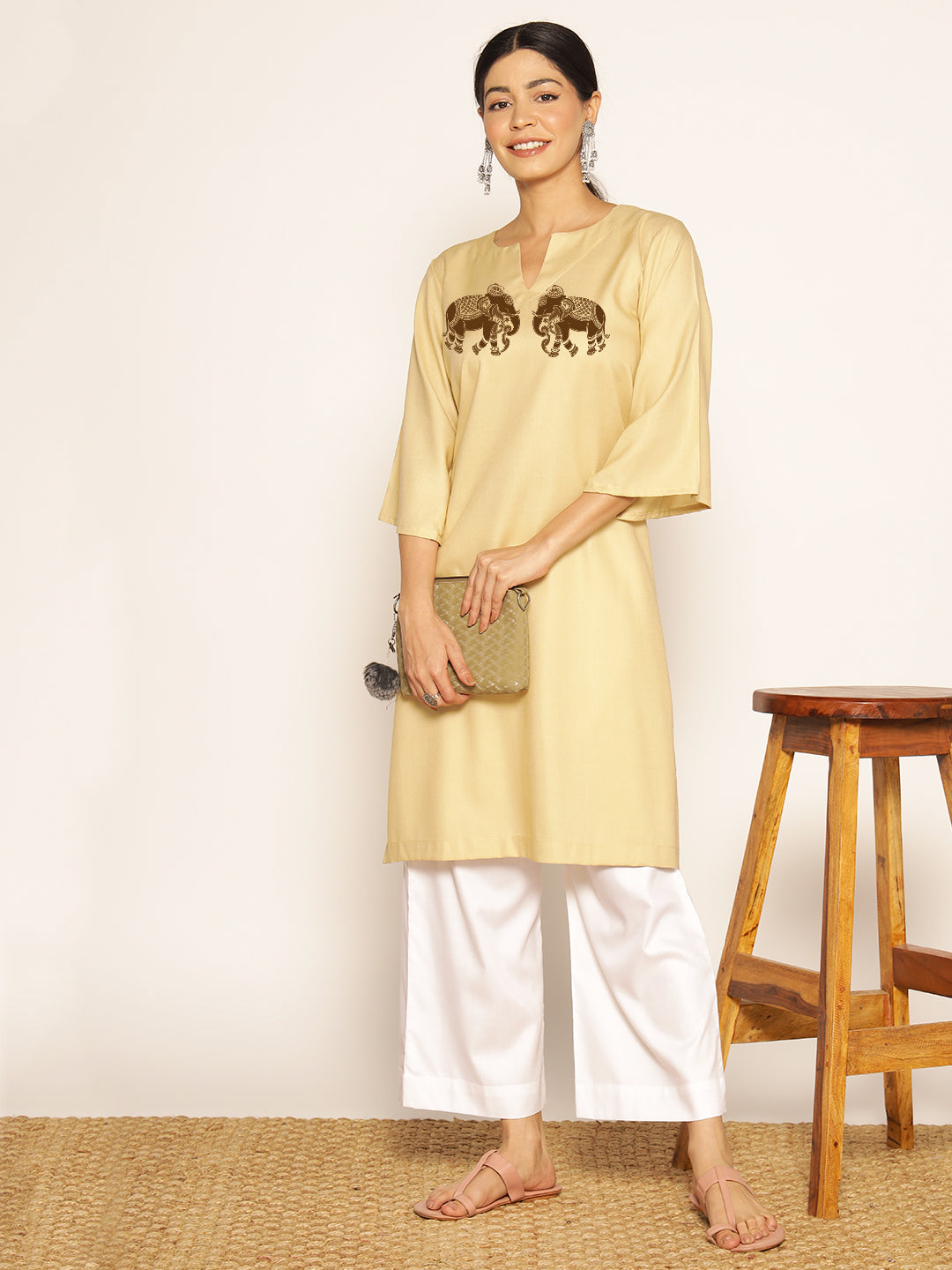 Beige Rayon LongKurta - Uddalaka