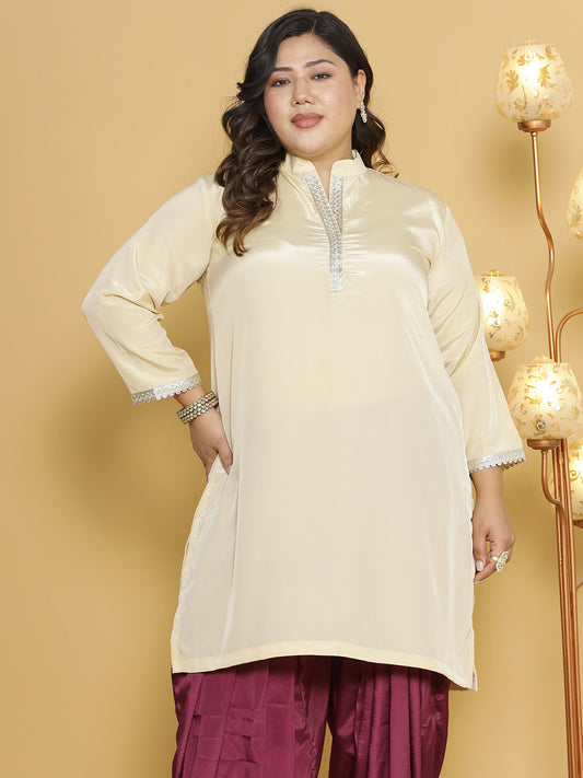 Beige Crepe Silk Embellished Collar Kurta