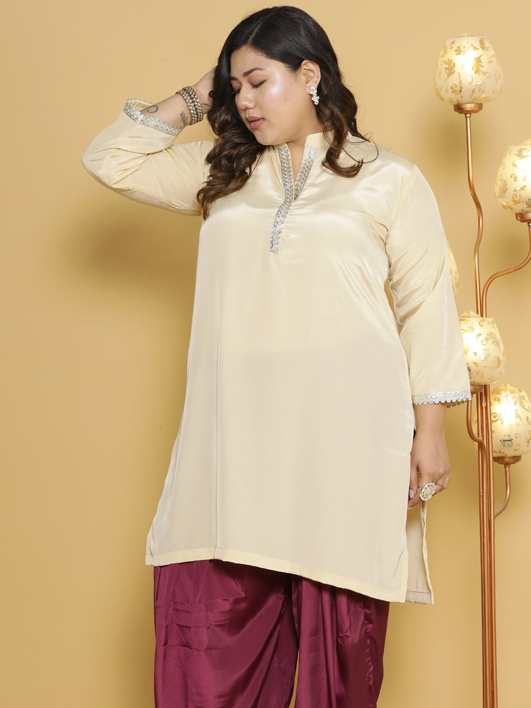Beige Crepe Silk Embellished Collar Kurta