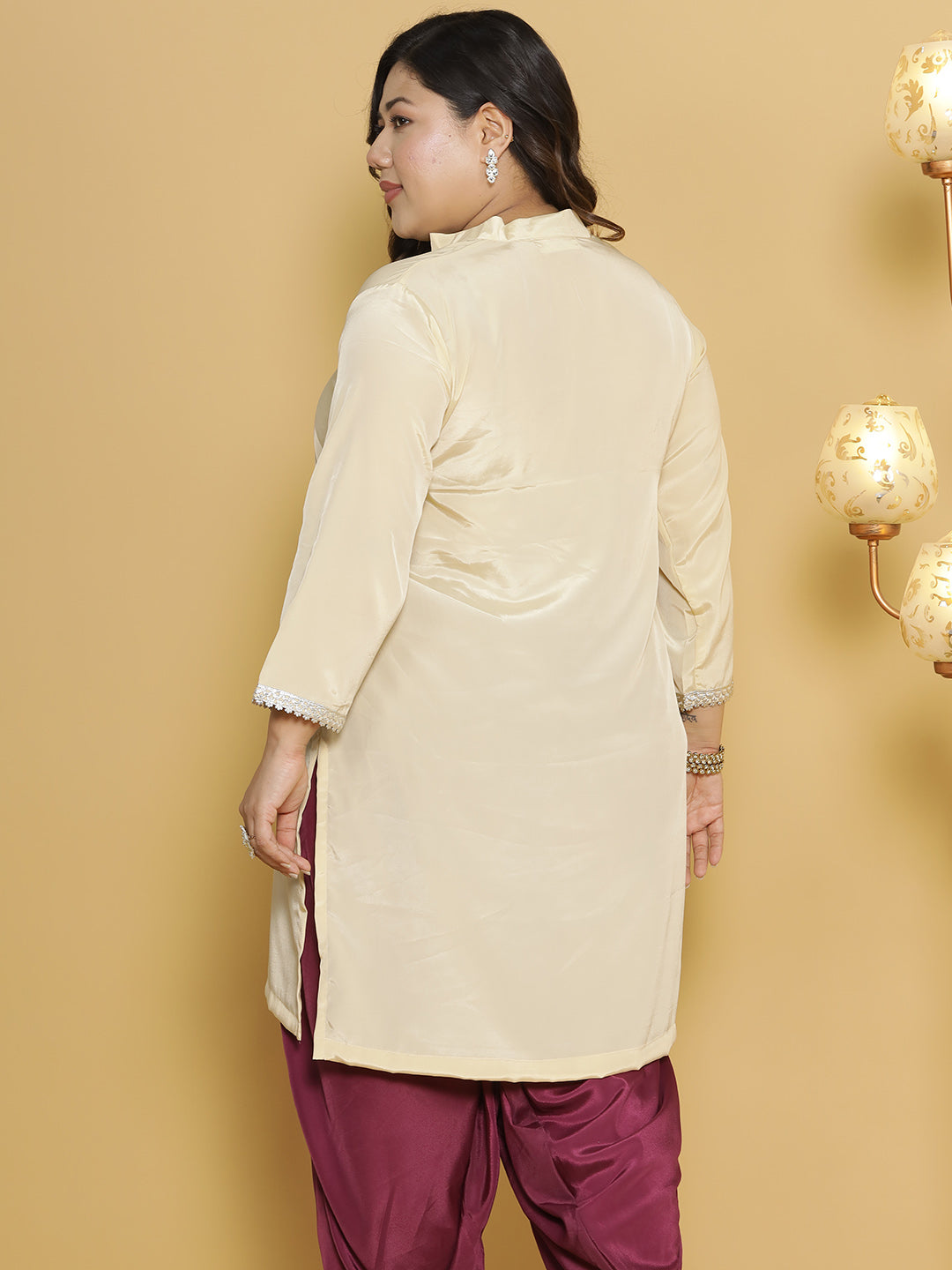 Beige Crepe Silk Embellished Collar Kurta