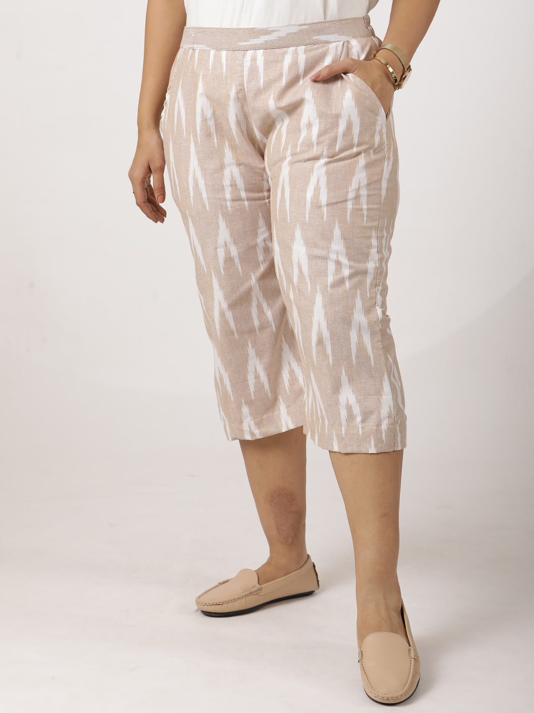 Beige Ikat Knee-Length Shorts