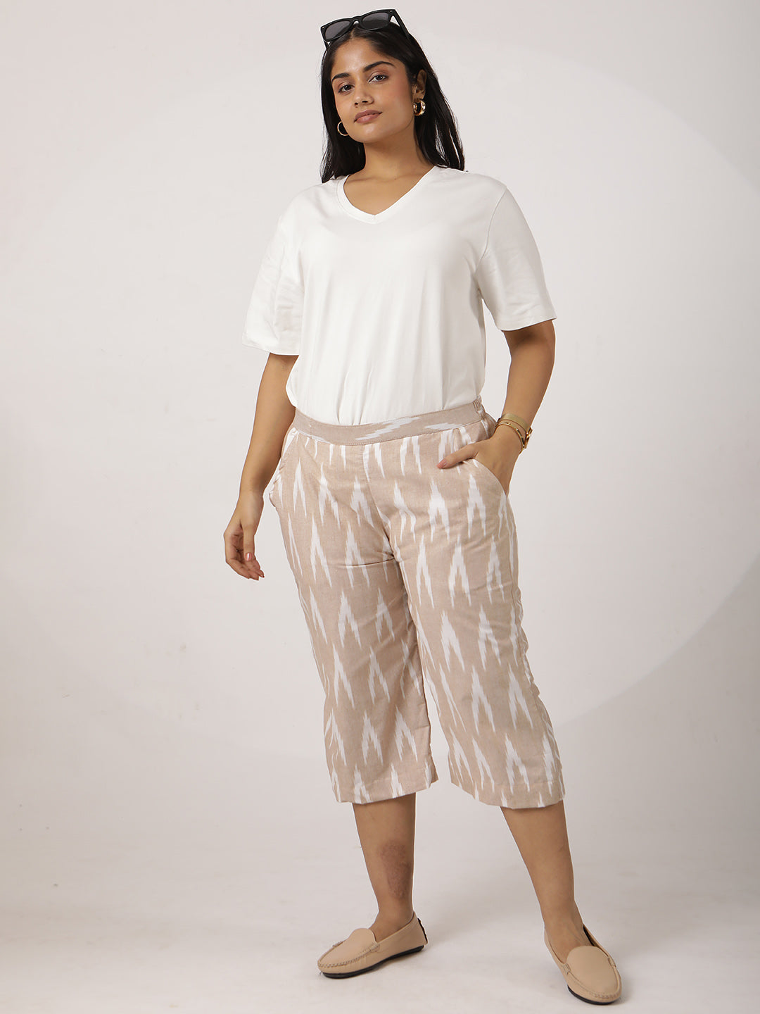 Beige Ikat Knee-Length Shorts