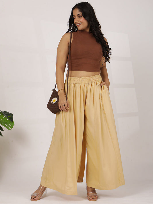 Beige Rayon Flared Palazzo
