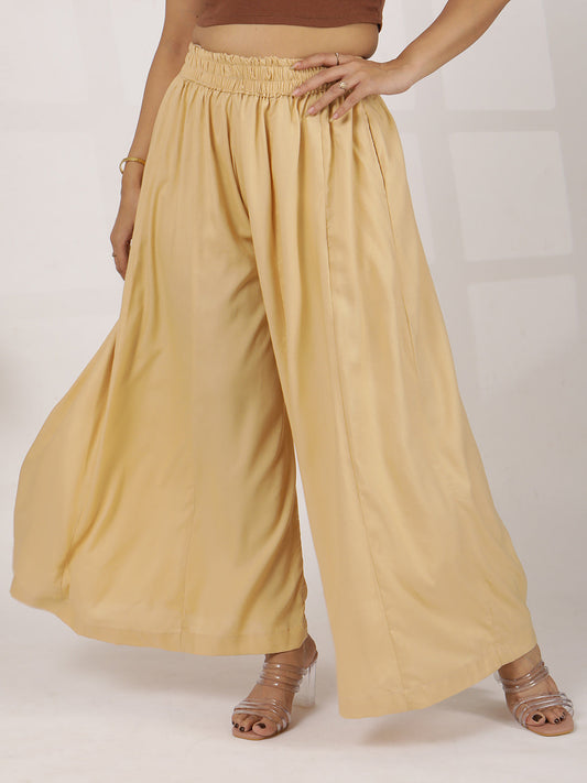 Beige Rayon Flared Palazzo