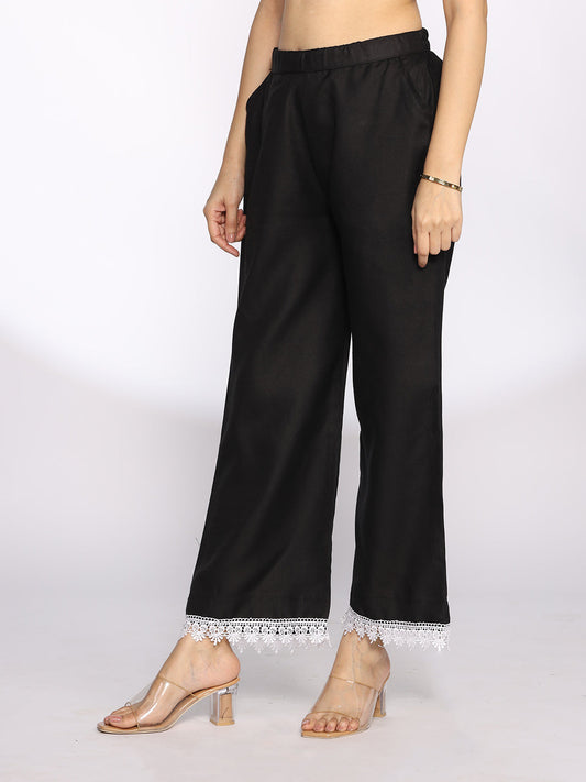 Black CottonSlub Laced Palazzo