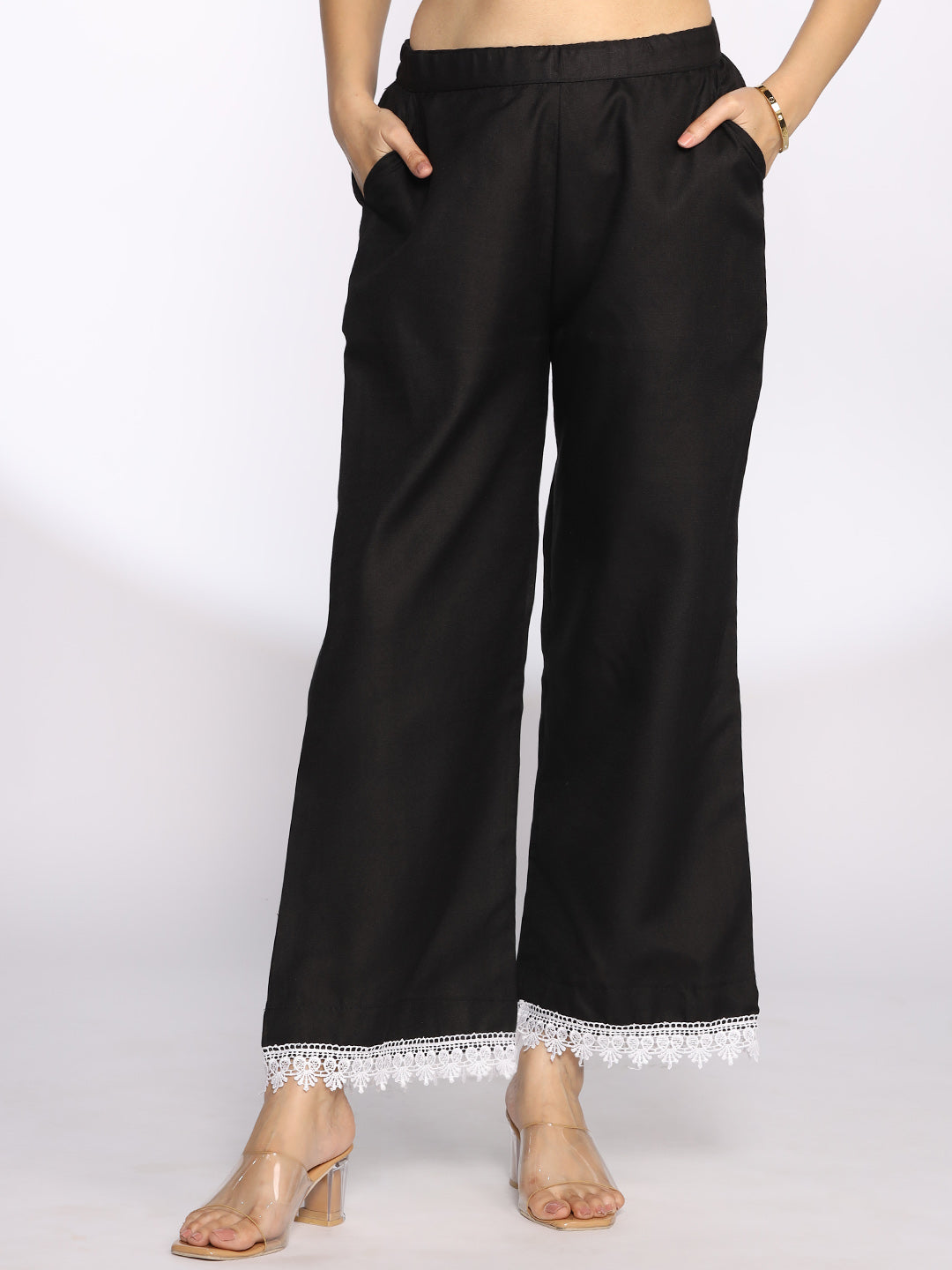 Black CottonSlub Laced Palazzo