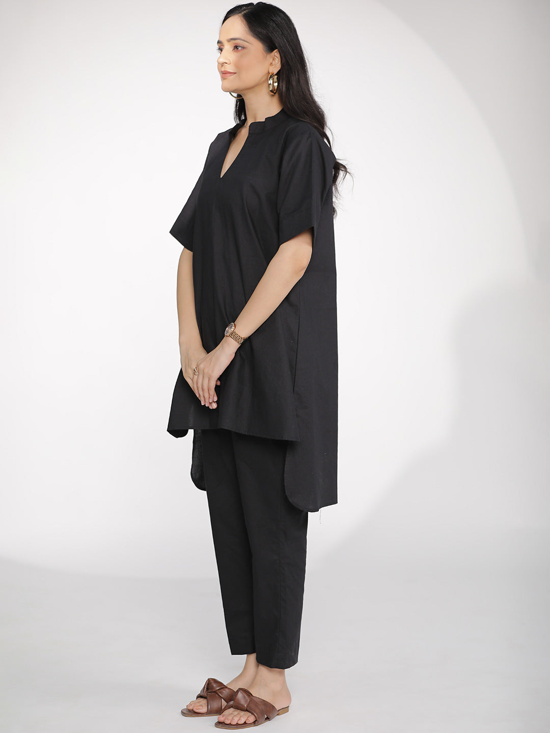 Black Poplin HighLowKurti & Tapered Pants