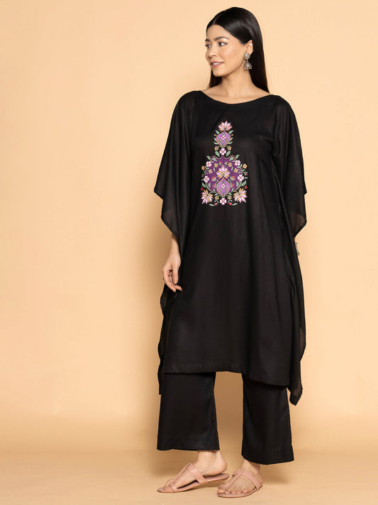 Black Rayon Long-Kaftan - Mughal motif