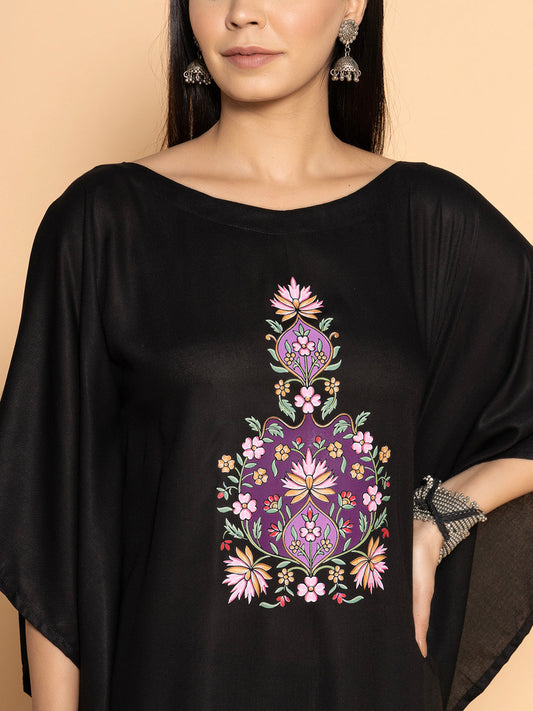 Black Rayon Long-Kaftan - Mughal motif