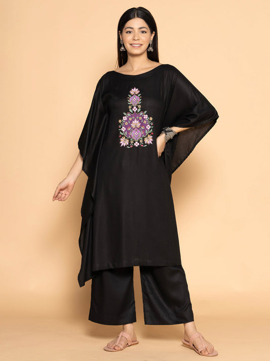 Black Rayon Long-Kaftan - Mughal motif