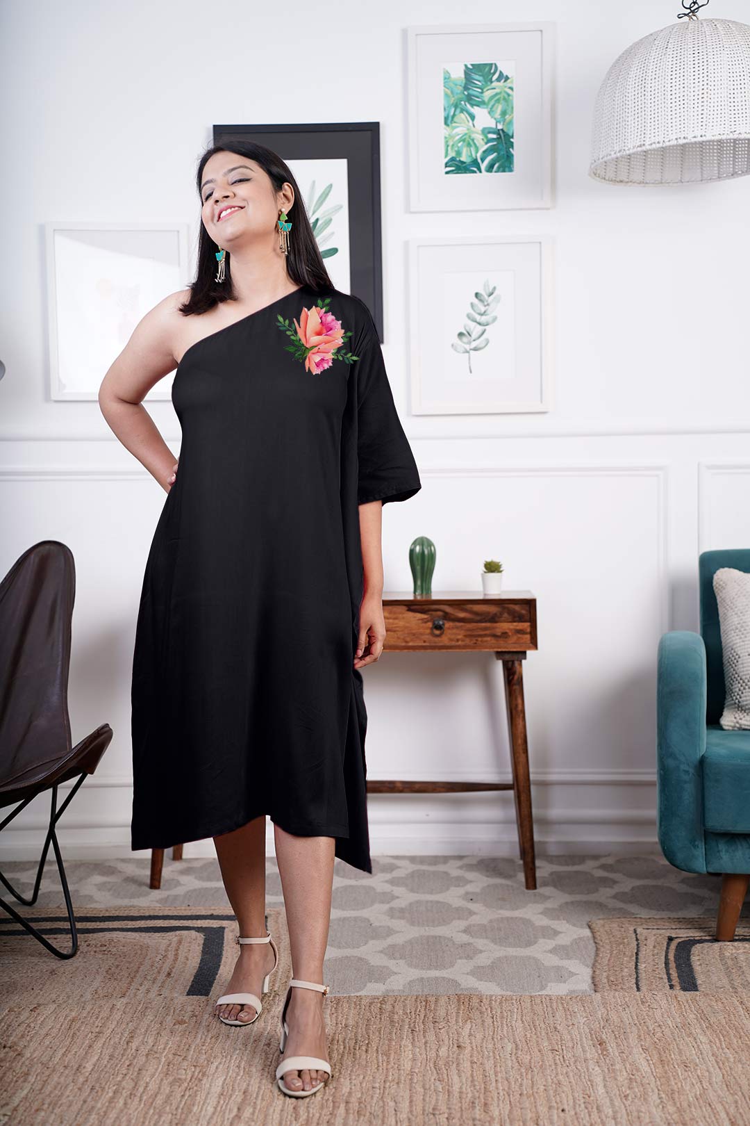 Black Rayon OneShoulder Dress - Noirish