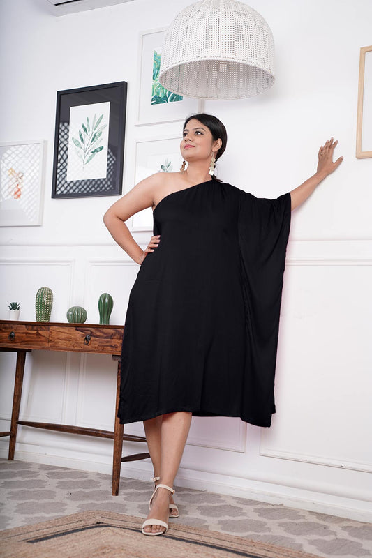 Black Rayon OneShoulder Dress - Solid