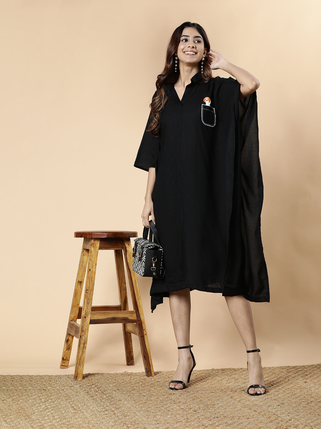 Black Rayon Shirt-Kaftan - Peek-A-Boo