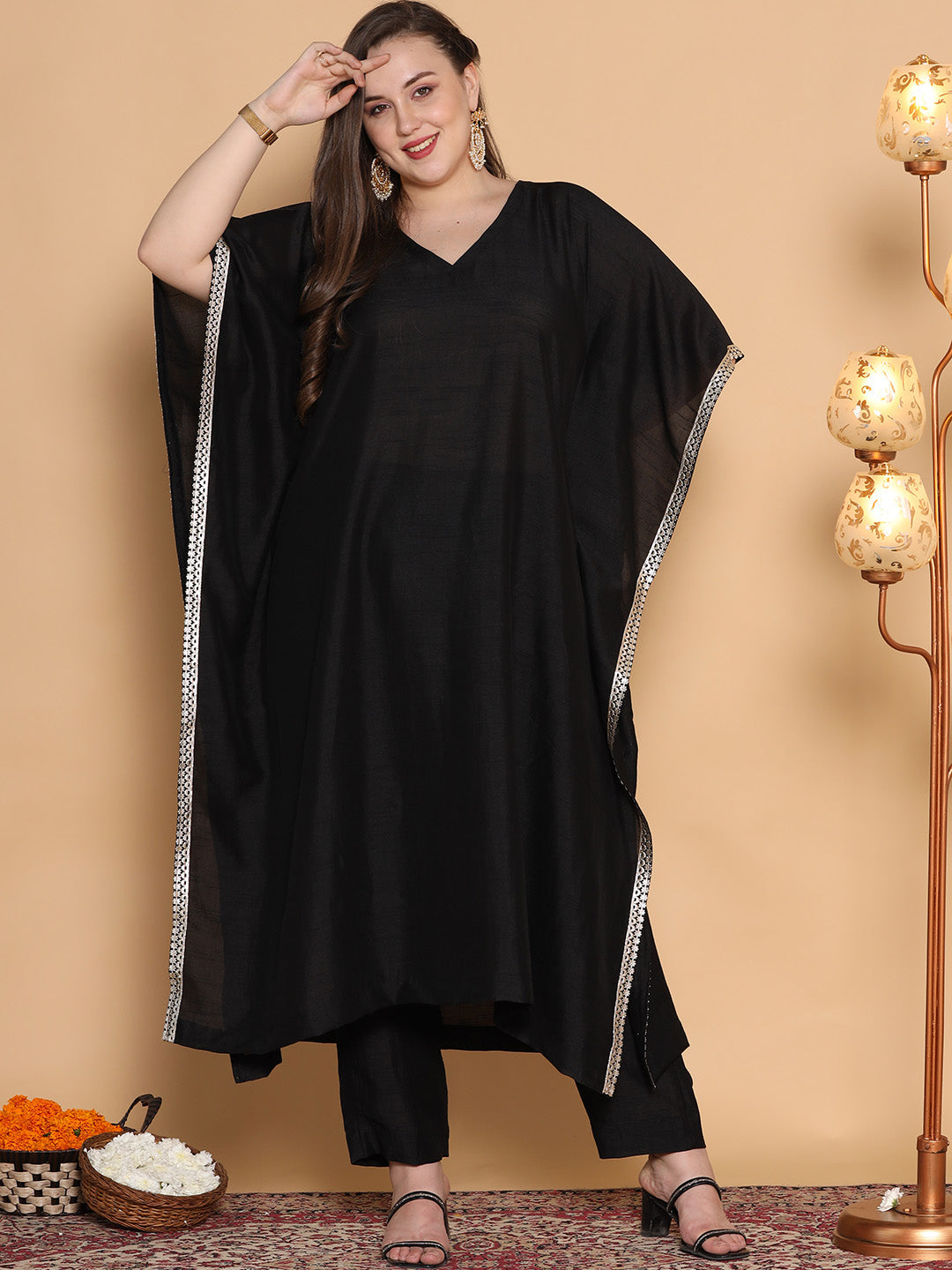 Black Silk Embellished Long Kaftan Black Silk Embellished Long Kaftan