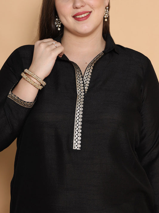 Black Silk Embellished Shirt Collar Kurta