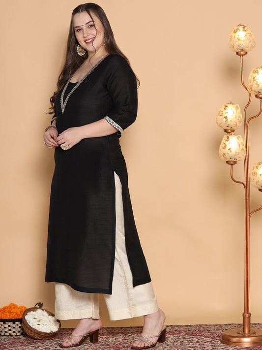 Black Silk Embellished Straight Kurta