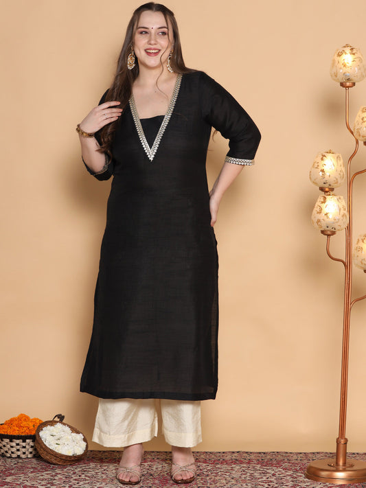 Black Silk Embellished Straight Kurta