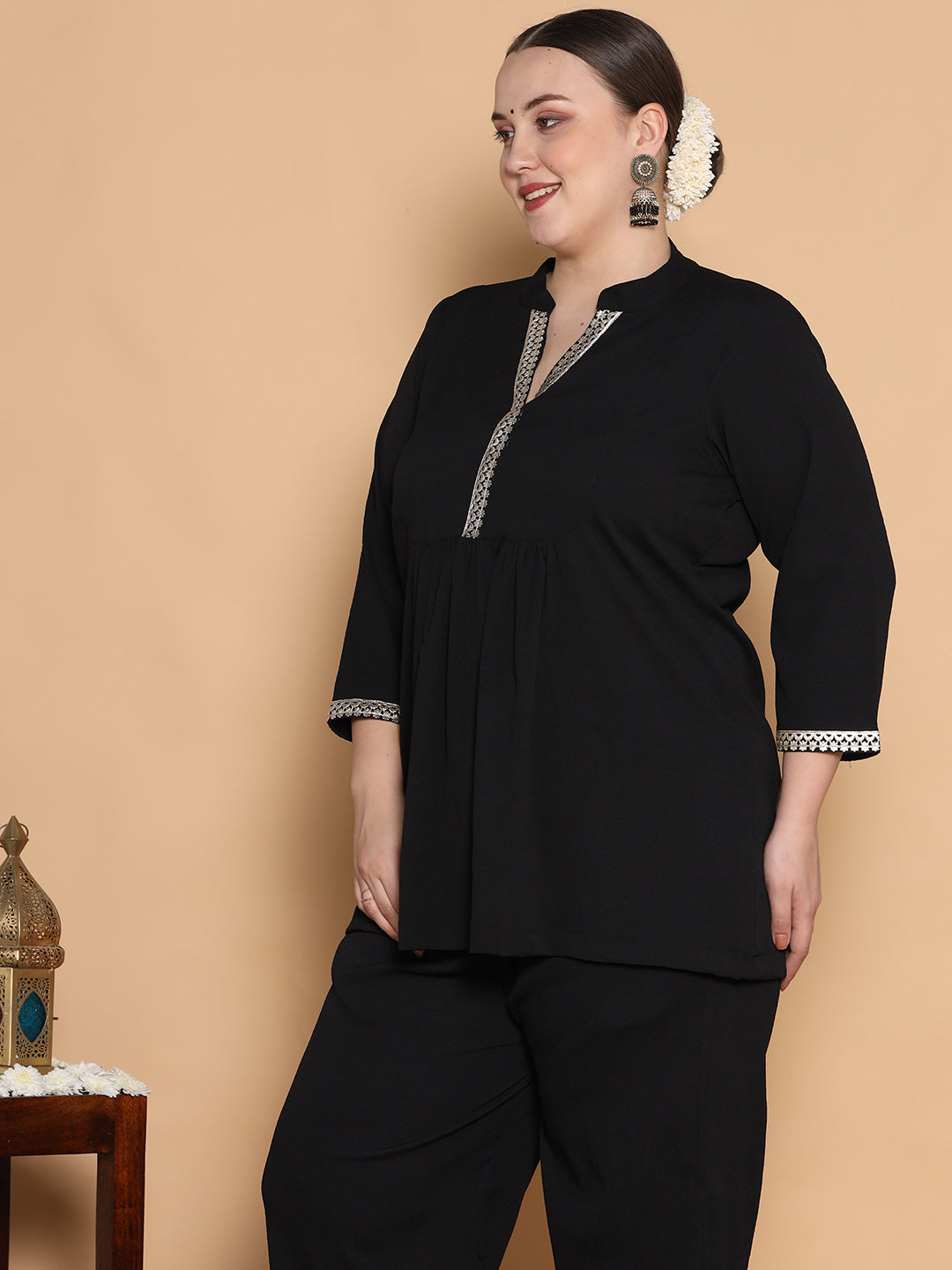 Black Textured Embellished Top - Gathers