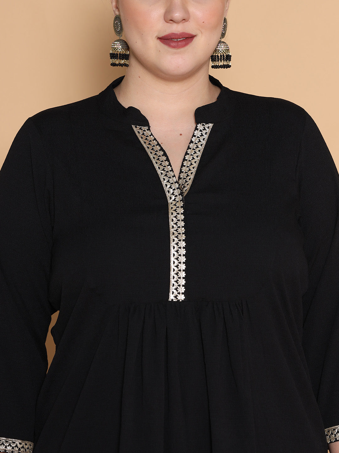 Black Textured Embellished Top - Gathers