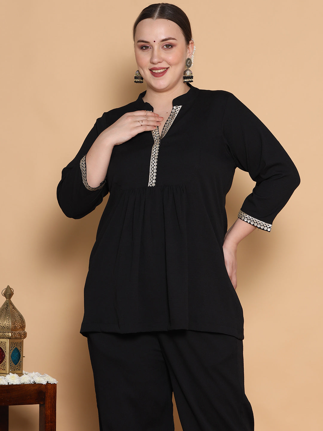 Black Textured Embellished Top - Gathers