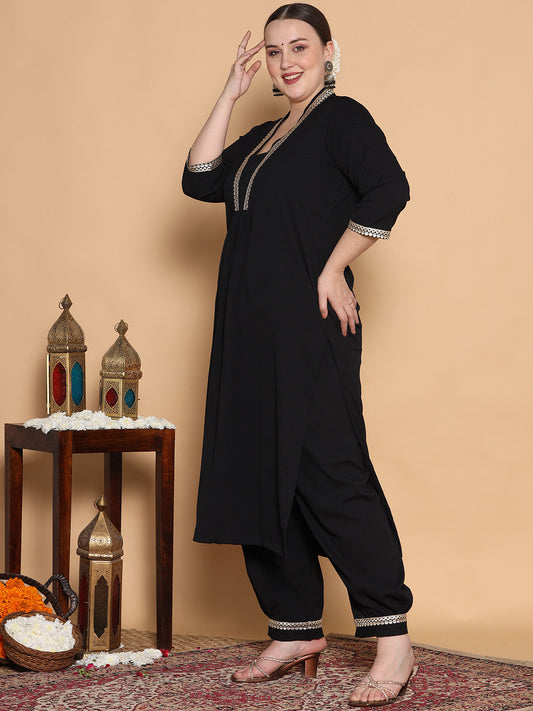 Black Textured Shawl Collar Kurta