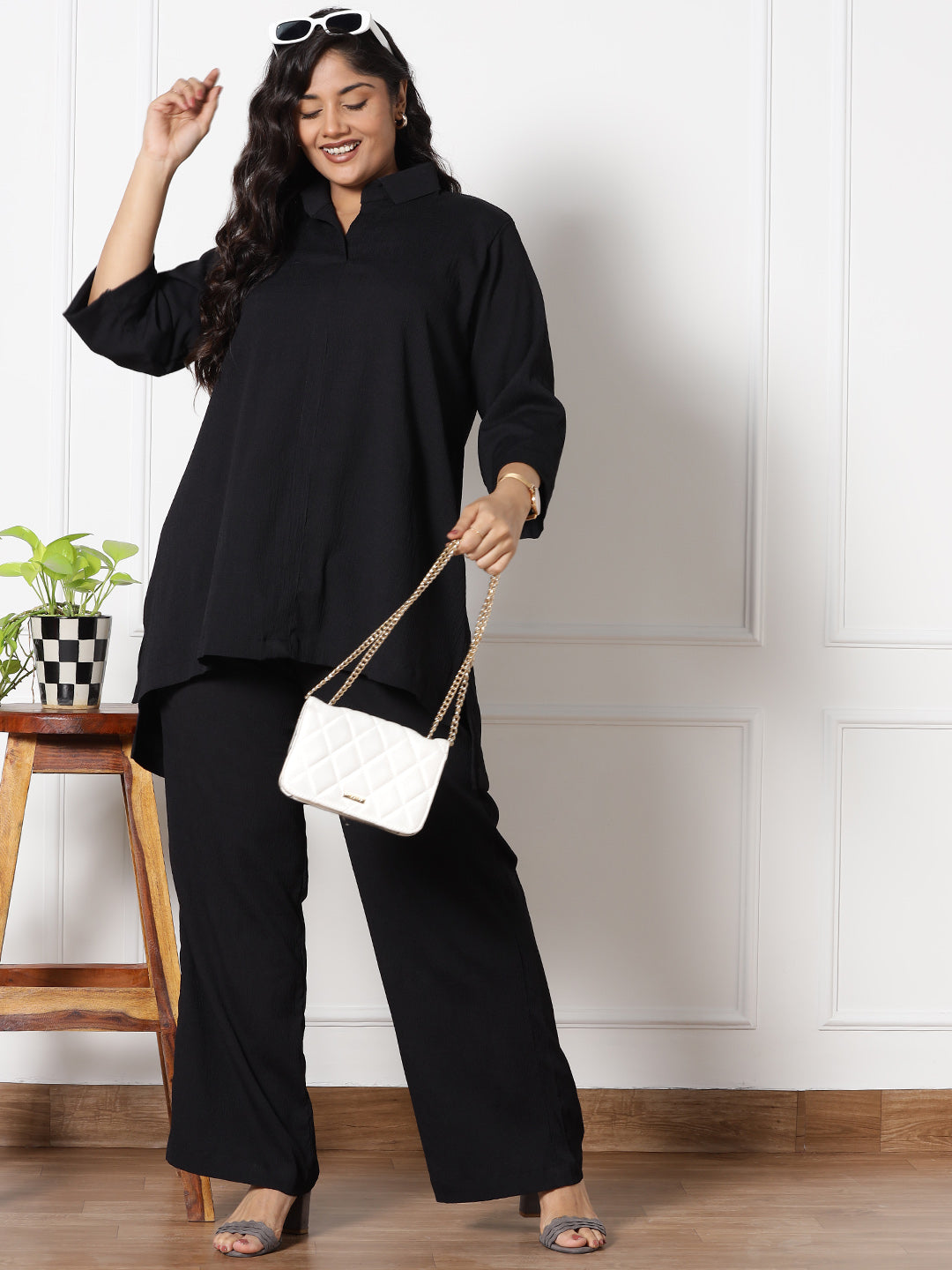 Black Textured ShirtTop & WaistbandPalazzo