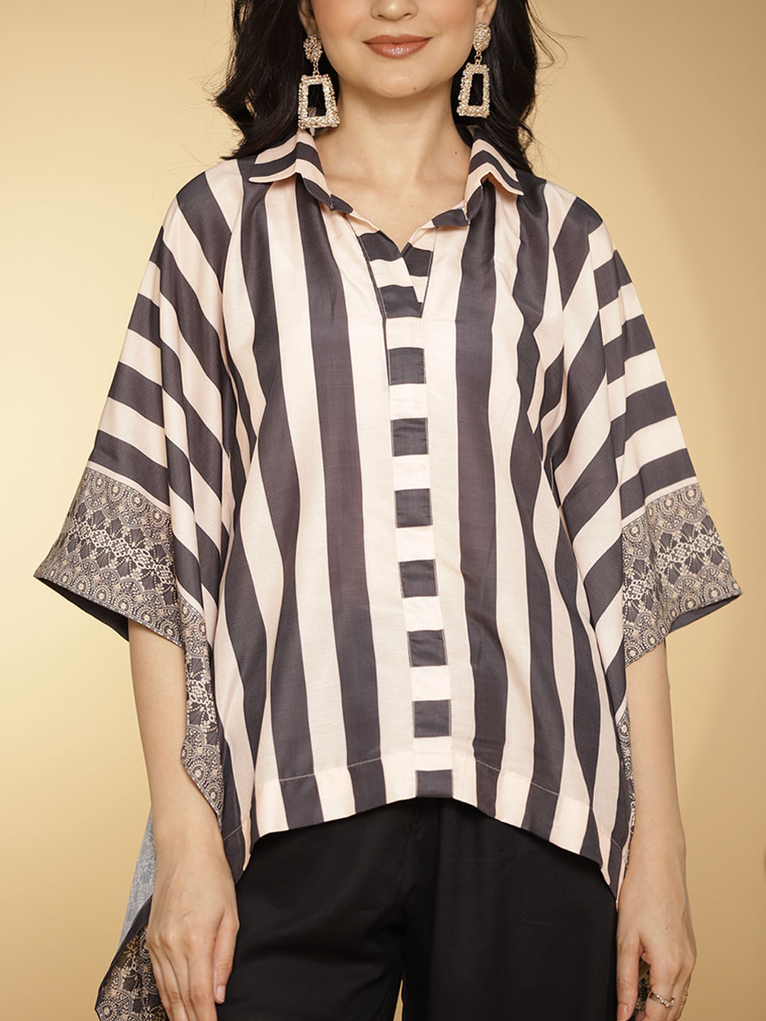 BlackStripes Muslin Printed KaftanTop