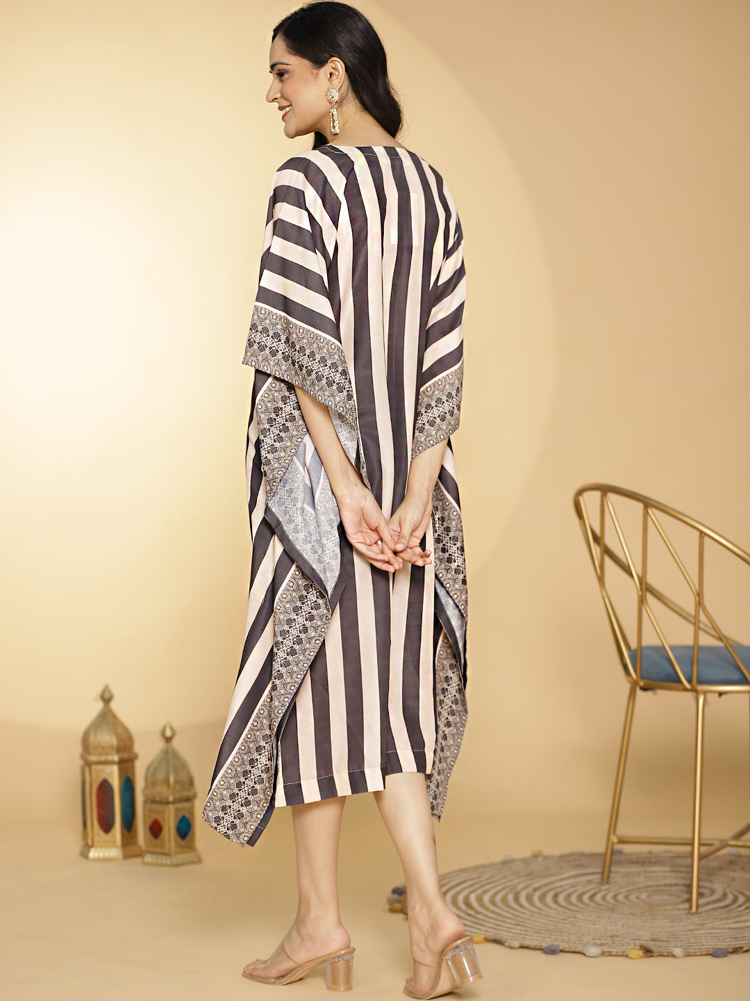 BlackStripes Muslin Printed LongKaftan