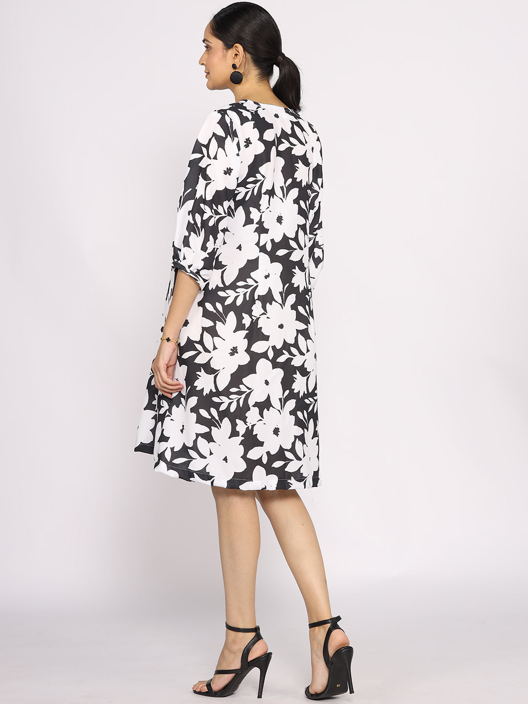 Black&White Printed A-Line Dress - WhiteFleur