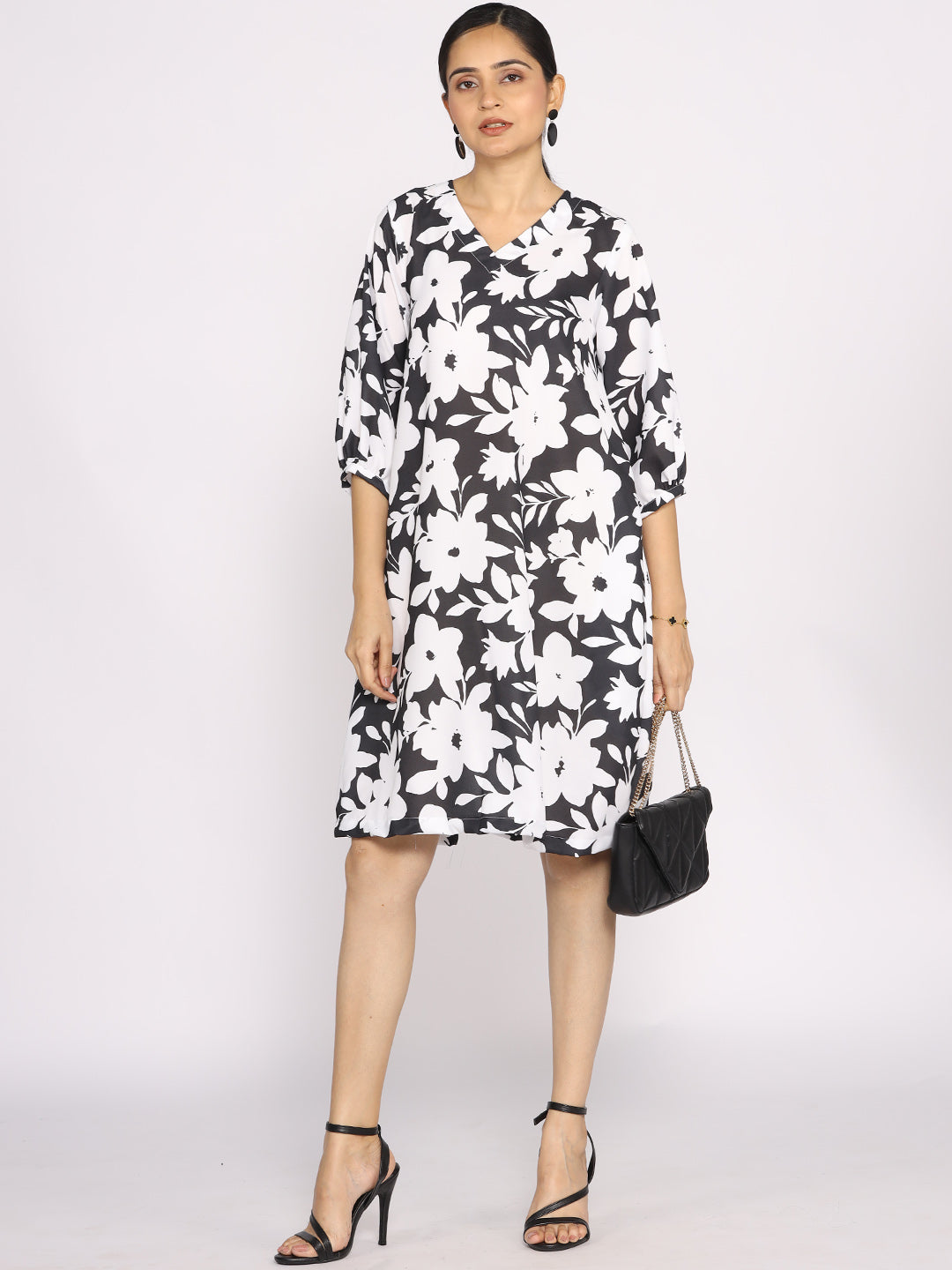 Black&White Printed A-Line Dress - WhiteFleur