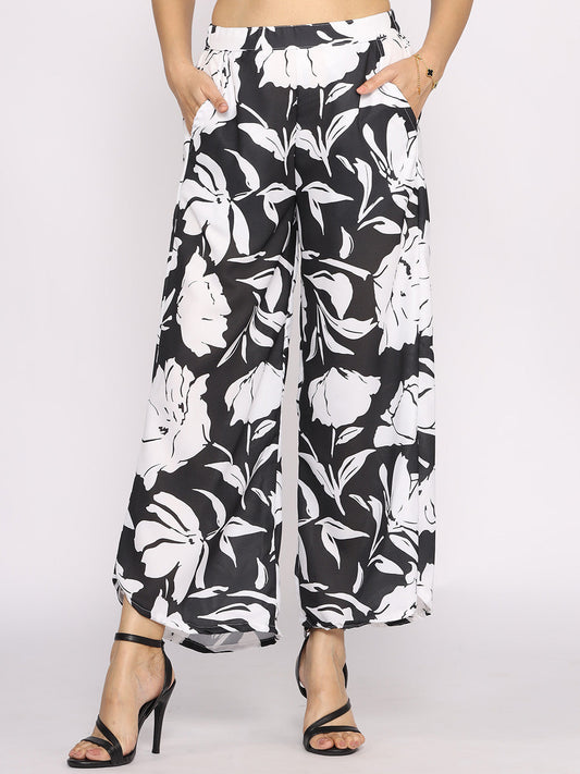 Black&White Printed Curved Palazzos - BlackTulips