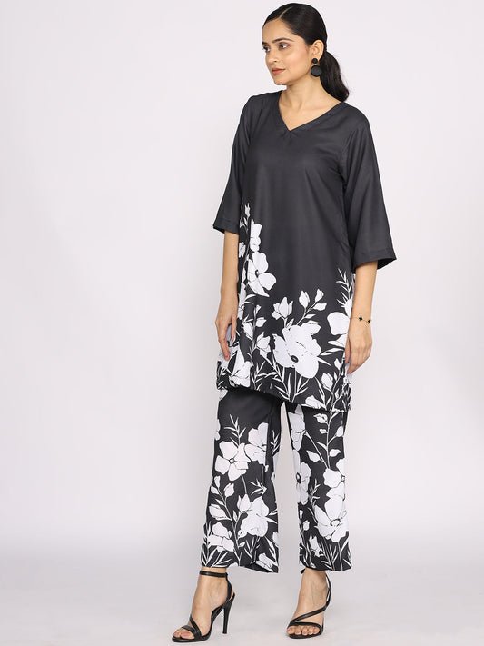 Black&White Printed Kurti & Palazzo Pants - WhitePetunia