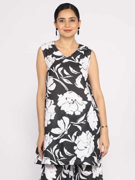 Black&White Printed V-Neck Sleeveless Kurti - BlackTulips