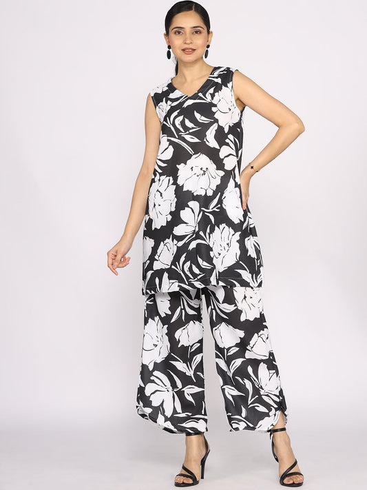 Black&White Printed V-Neck Sleeveless Kurti & Curved Palazzos - BlackTulips