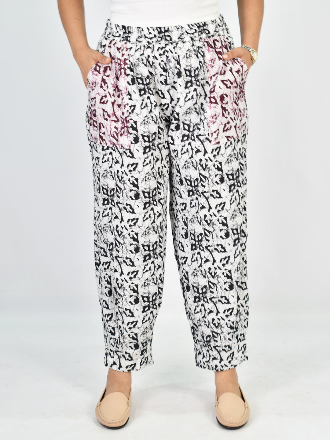 Printed Cotton Mom-Fit Pants - Black&WineMirage