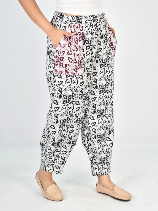 Printed Cotton Mom-Fit Pants - Black&WineMirage