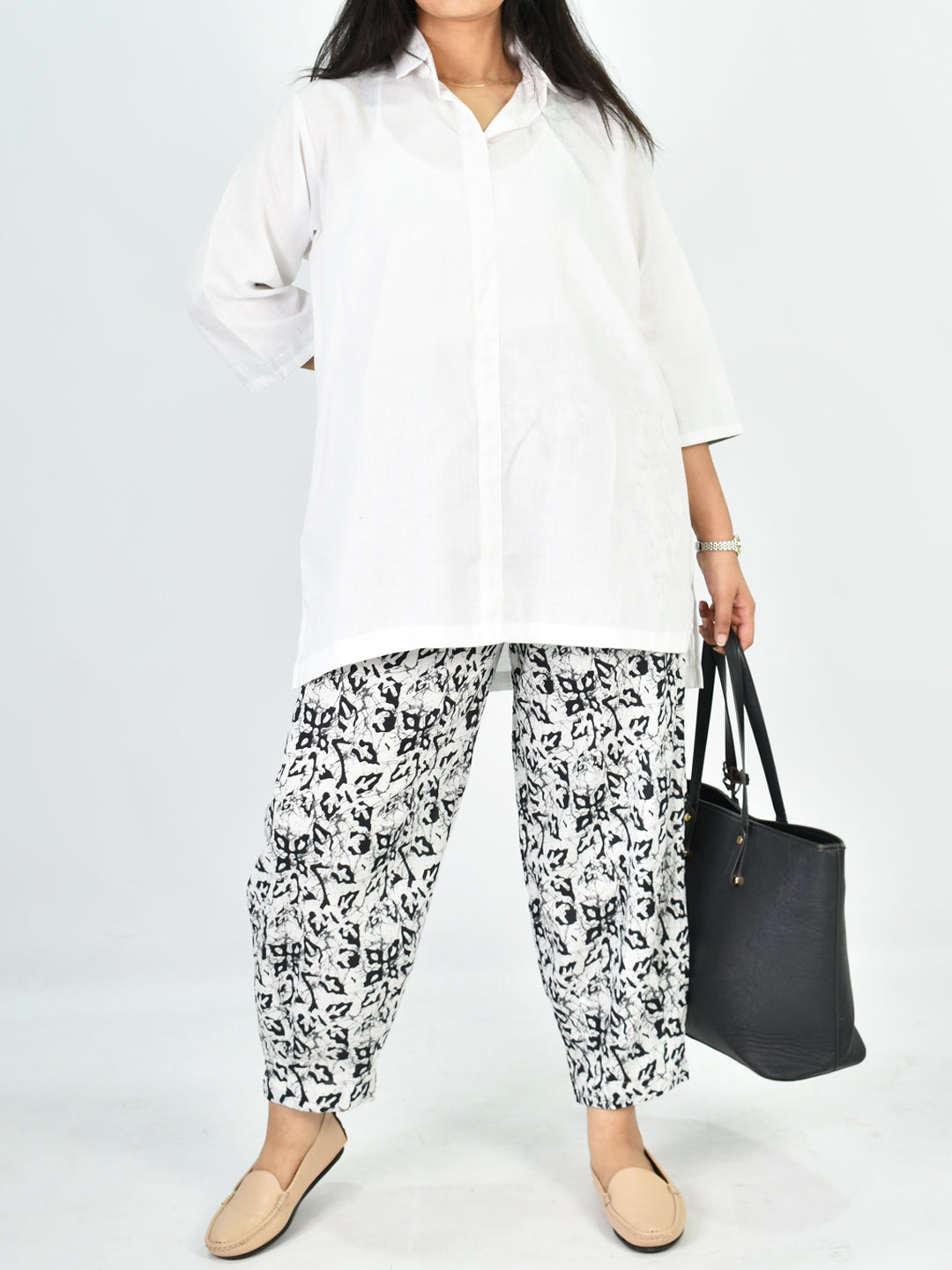 Printed Cotton Mom-Fit Pants - Black&WineMirage