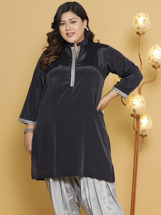 Black Crepe Silk Embellished Collar Kurta