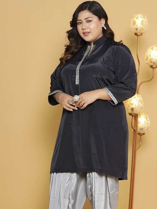 Black Crepe Silk Embellished Collar Kurta