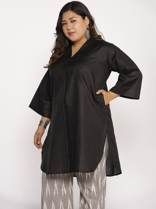 Black CottonSlub PleatedKurta