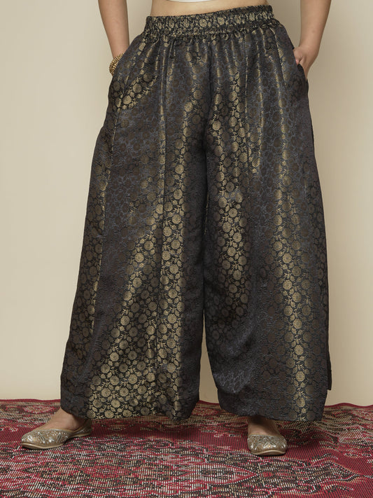 Black Floral Brocade Flared Palazzo