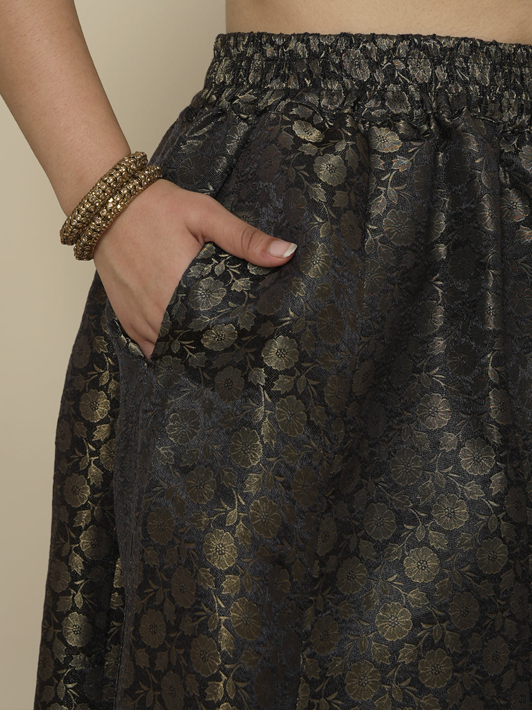 Black Floral Brocade Flared Palazzo